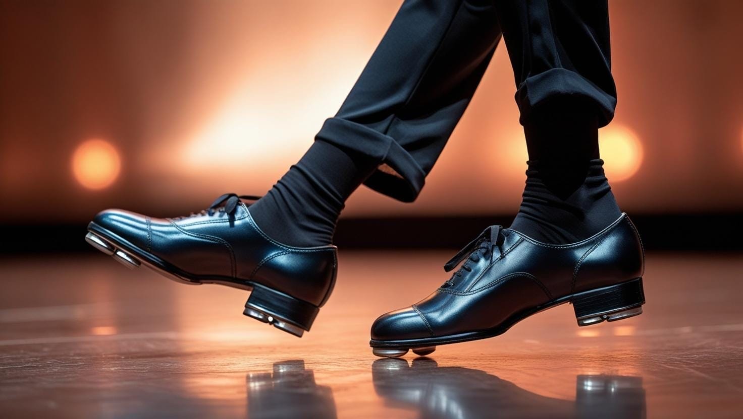 Professional dancer performing in Oxford style tap shoes